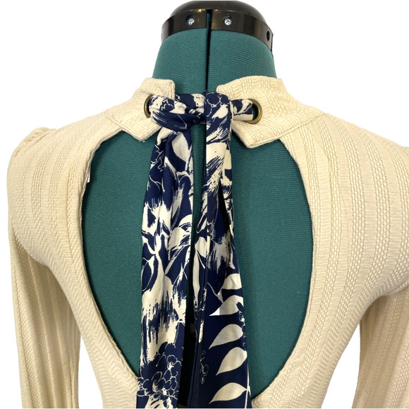 Free People Party in the Back Top Ribbed Knit Open Back w/ Scarf Tie Ivory Small - Picture 5 of 9